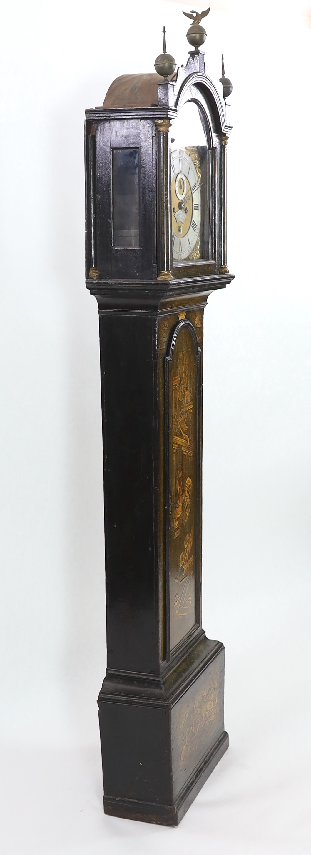 James Robinson of Well Close Square, a George III black japanned eight day longcase clock, 49cm wide, 24cm deep, 223cm high